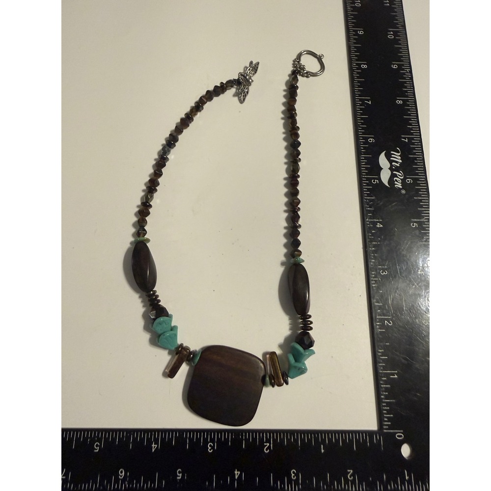 Boho Wood and Turquoise Beaded Necklace with Dragonfly Charm Toggle Clasp 19in